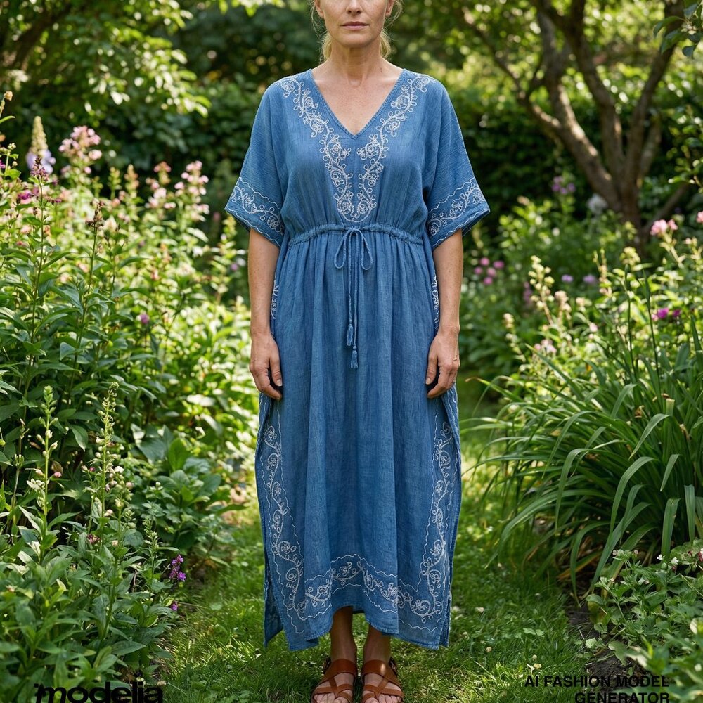 Chic Connection Embroidered Cinch Kaftan Maxi Dress - Picture 2 of 6